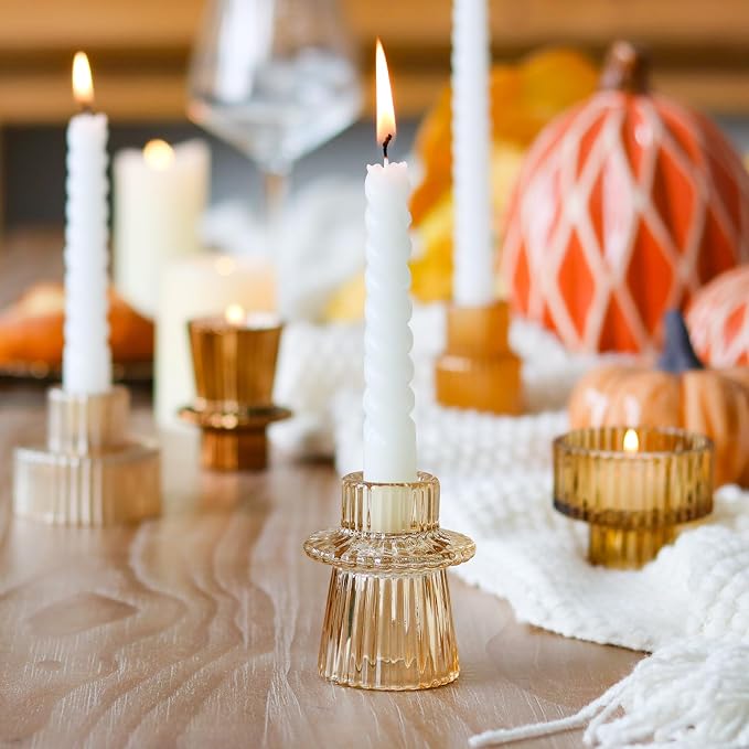 Gold Candlestick Holders 12PCS Ribbed Glass Taper Candle Holders Set for Tealight Candlestick Candles, Table Centerpieces for Thanksgiving Christmas Farmhouse Decor Indoor and Outdoor