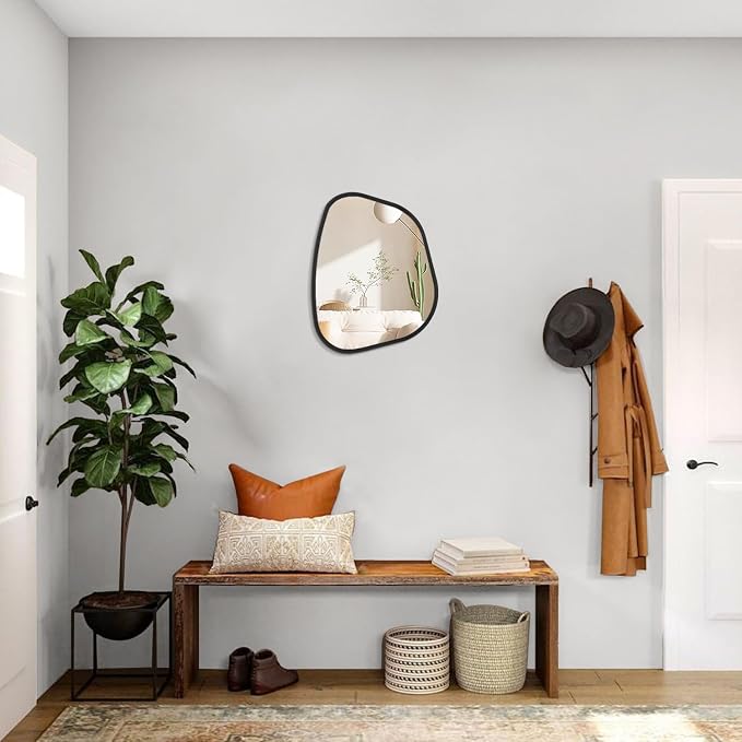 Asymmetrical Mirror for Wall Irregular Oval Wood Frame Modern Unique Accent Wall Mirror Decorative Vanity Bathroom Living Room Bedroom Entryway Hallway Artistic Wavy Mirror Small 14"x10"