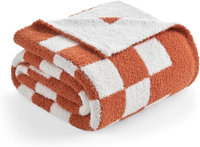 Snuggle Sac Checkered Bedding Blanket Twin Size 60x80, Super Soft, Cozy Warm Knit Blankets, Reversible Breathable Lightweight Fluffy Throws for Travel, Bed, Checkered Burnt Orange, 60x80 Inches