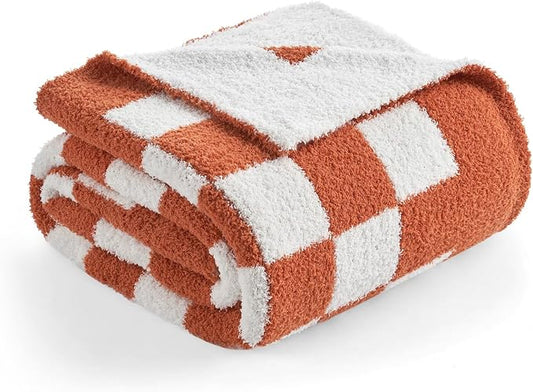 Snuggle Sac Checkered Bedding Blanket Twin Size 60x80, Super Soft, Cozy Warm Knit Blankets, Reversible Breathable Lightweight Fluffy Throws for Travel, Bed, Checkered Burnt Orange, 60x80 Inches
