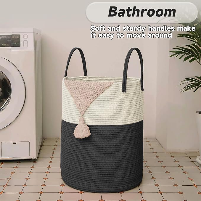 JMvicyroam 60L Cotton Rope Laundry Basket Hamper, White and Black | Collapsible laundry basket, reinforced handles, freestanding, machine washable, holds 3-5 thick blankets, clothes or toys