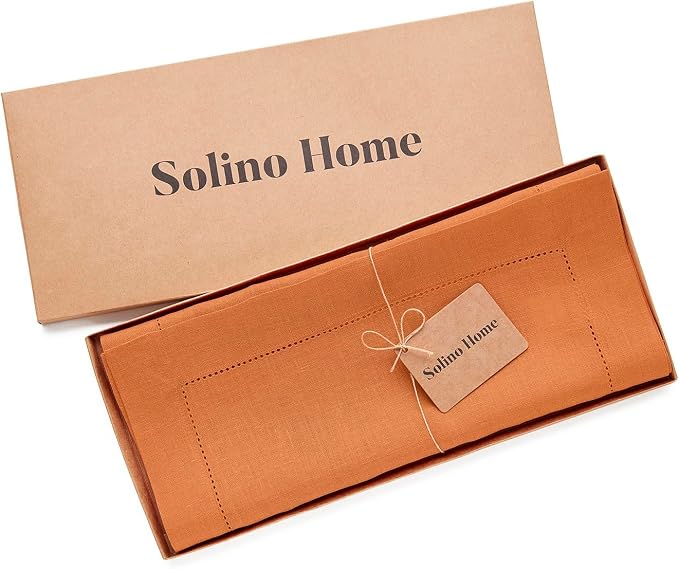 Solino Home 100% Pure Linen Dining Table Runner Pumpkin Woven, 14 x 90 in | Classic Hemstitch, a graceful centrepiece for dining and gatherings, hemstitched border, mitered corners, OEKO-TEX Certified