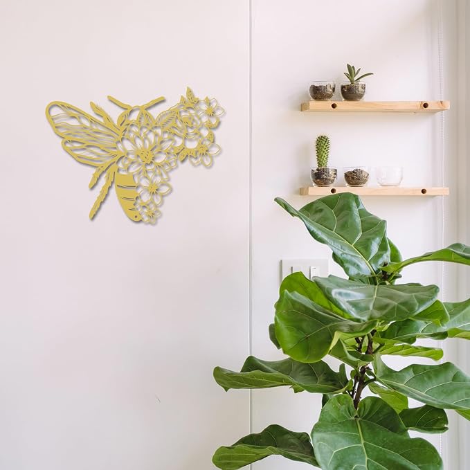 Rajukit Bohemian Bee Flower Metal Wall Art Gold for Living Room | Honey bee theme botanical style indoor decor hanging sculpture gold finish for bedroom kitchen living room