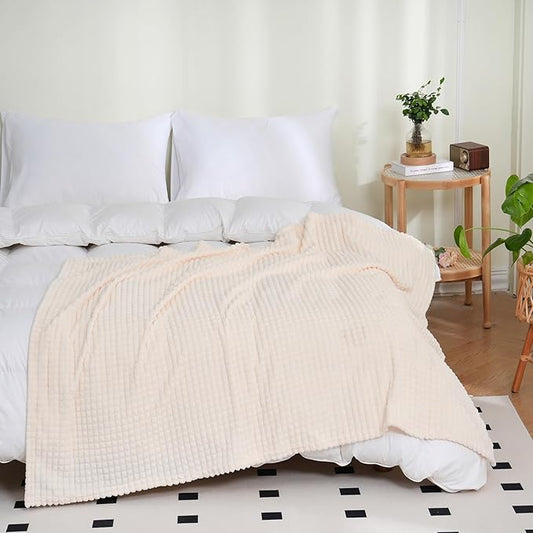 Puncuntex Fleece Blanket Cream White 108"×90" with Square Grid Design | Super Soft Plush Cozy Flannel Throw Blanket Luxury for Couch Sofa Chair