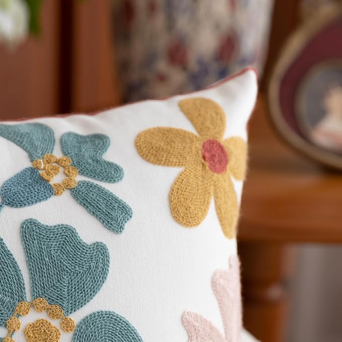 YIcabinet Pack of 2 Throw Pillow Covers,Embroidered Flower Pillow Case Soft Square Decorative Pillowcases for Home Sofa Couch 18x18 Inch