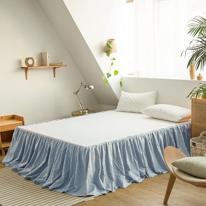 BISELINA French Linen Bed Skirt with Pleated Frills 14-Inch Tailored Drop Natural Flax Cotton Blend Dust Ruffle Soft Cozy Farmhouse Bedding (14" Full, Ruffle Dusty Blue)