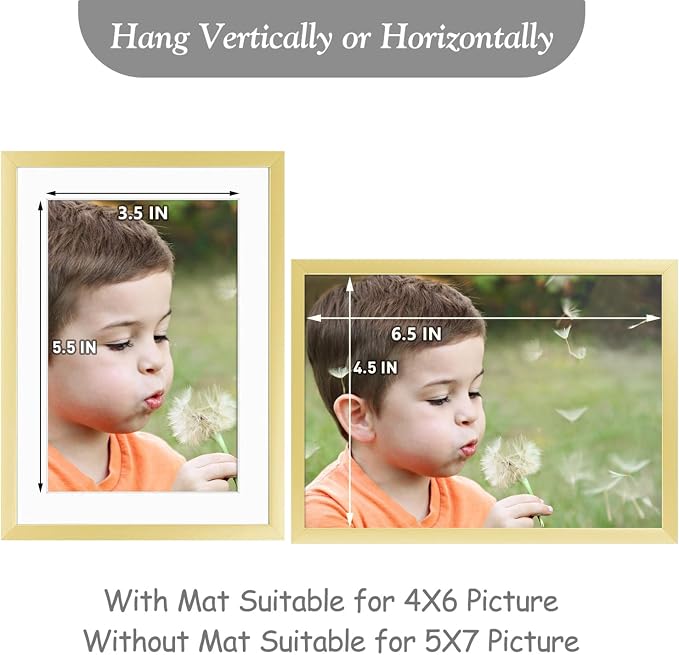 Frametory 2 Pack 5x7 Aluminum Frame with Mat for 4x6 Photo, Gold