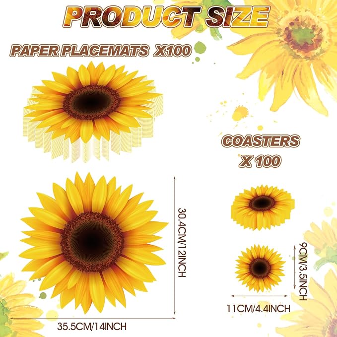 Geosar 200 Pcs Sunflower Disposable Paper Placemats Set 12x14 Inch | With Coasters for Drinks, Sunflower Table Decor Outdoor Indoor for Summer Dining Table Decoration Wedding Shower Birthday