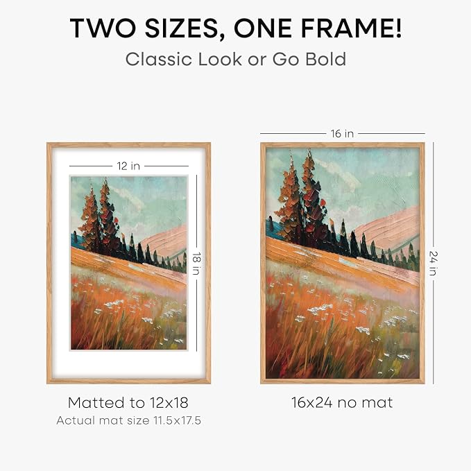 Homeforia 16x24 Natural Oak Picture Frame, High-End Wood, 12x18 Mat, Glass