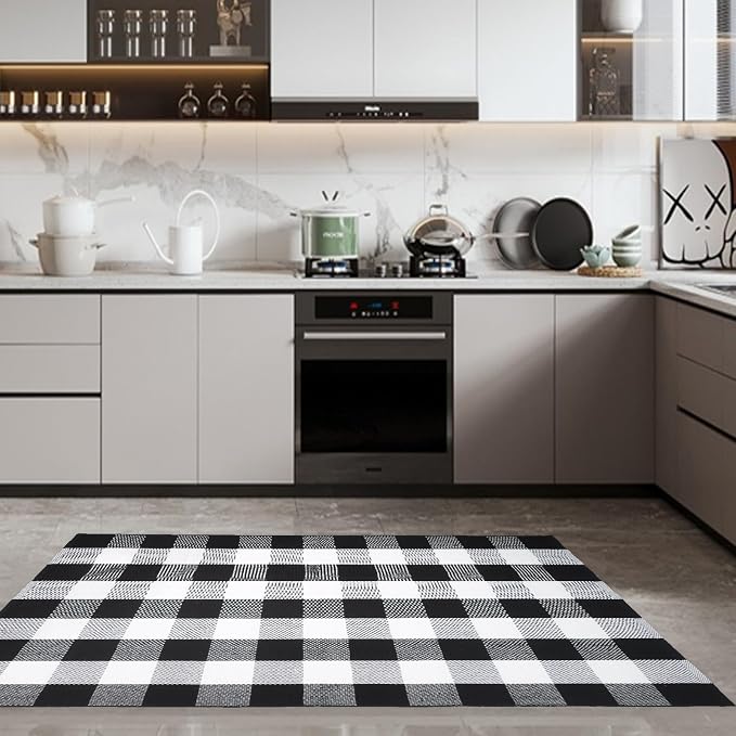 Buffalo Plaid Area Rug 3x5 Ft, Black White Indoor Outdoor Rug | Cotton Blend, Black White Checkered, Machine Washable, Layering Rug, Front Porch Entryway