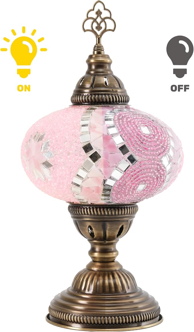 Turkish Mosaic Table Lamp with Bulb – Handmade Pink Stained Glass Light, Vintage Bohemian Decorative Bedside Lamp with US Plug & E12 Socket
