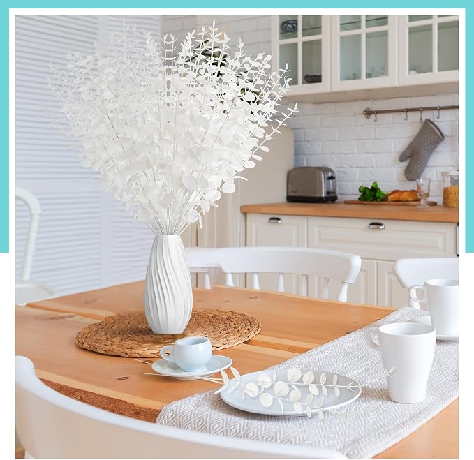 Canlierr 50 Pcs Faux Eucalyptus Stems Greenery Leaves Branch,White | Artificial Greenery for Wedding Centerpiece, Bouquet, Farmhouse Home Decor, Realistic Foliage, Vase Arrangements