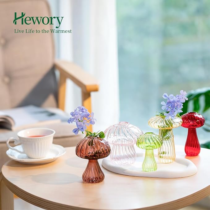 Hewory Glass Mushroom Vase for Flowers, 10pcs Colored Small Bud Flower Vases Unique, Mushroom Propagation Hydroponic Vases, Funky Cottagecore Decor for Home Room Kitchen Office Windowsill Decorations | Propagation Vases, Mushroom Decor, Gifts for Plant...