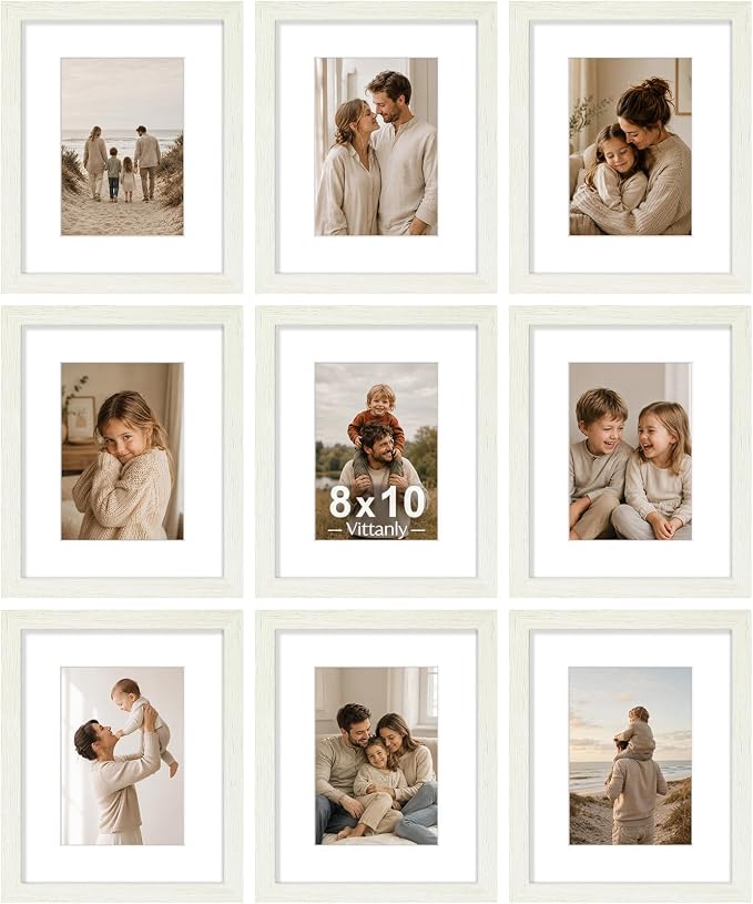 Vittanly 8x10 Picture Frames Set of 9 for Wall Mount & Tabletop, Whitemist | Display Pictures 5x7 with Mat or 8x10 without Mat, Small Photo Frames, Engineered Wood with Shatter Resistant Plexiglass