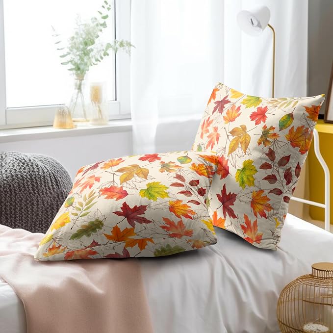 Autumn Leaves Throw Pillow Covers 18x18 inch Set of 2 Fall Maple Leaf Wild Plant Pillow Cases Thanksgiving Seasonal Farmhouse Outdoor Decor Cushion Cover for Home Porch Sofa