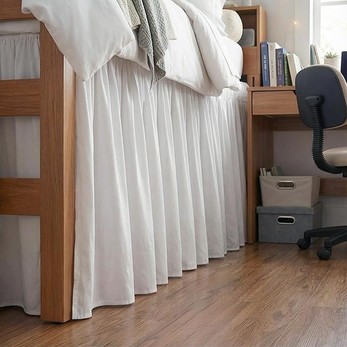 MIYE Dorm Bed Skirt, Extra Long Dust Ruffle with Elastic Adjustable Belts, Easy to Put On, Machine Washable (Classic/White, Twin/TwinXL-36 Drop)