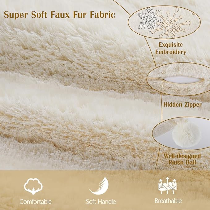 Lewondr Christmas Throw Pillow Cover, 18x18 Inch, Set of 2, Oatmeal | Faux Fur, Cozy Soft, Plush Ball with Luxury Sequins Embroidered Snowflakes, For Bed Home Decor Living Room