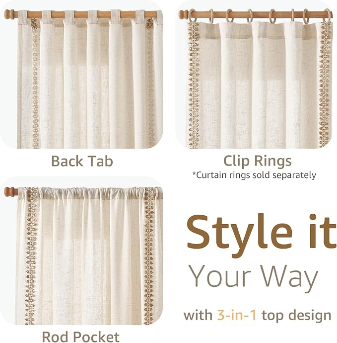 jinchan Beige Linen Curtains with Woven Trim Back Tab 50 x 84 Inch 2 Panels | Semi sheer light filtering, modern farmhouse curtains for living room and bedroom, back tab rod pocket, machine washable