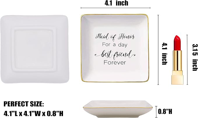 Maid of Honor for a Day Best Friend Forever -Bridesmaid Gift - Ceramic Jewelry Holder Ring Dish Trinket Tray - Bachelorette Party Gift for Maid of Honor - Wedding Gift for Her Besties Friends Women