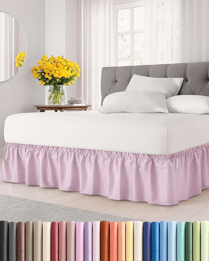 Wrap Around Dust Ruffle Bed Skirt, Queen Size - 21 Inch Drop, Light Pink | Easy Fit Elastic Strap, Adjustable Pleated Bedskirt w/Brushed Fabric, Wrinkle & Fade Free, for Women, Men, Kids & Teens