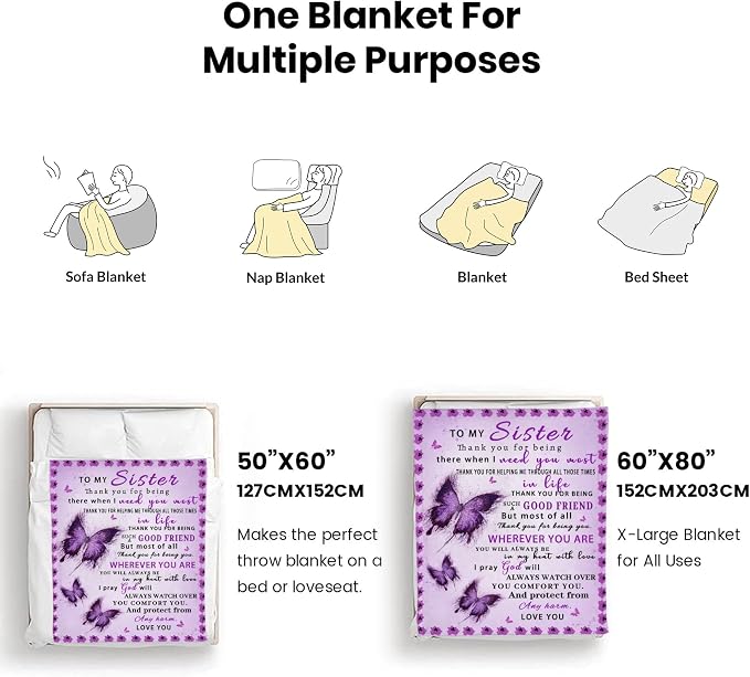 Sister Birthday Gifts Purple - Sister Blanket, Christmas Mothers Day Birthday Gifts for Sisters from Sisters Adult, Present for Sis, Soft Flannel Throw Blanket, Purple Butterfly, 60"x50"
