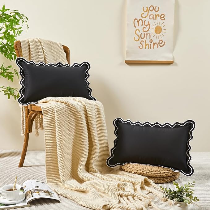 Black and White Scalloped Outdoor Lumbar Pillow Covers 12x20 Set of 2
