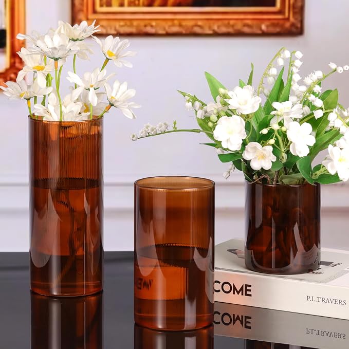 Amber Glass Cylinder Vases for Centerpieces - 6 Inch Tall Flower Vases for Wedding & Fall Decor, Floating Candle Holders for Table Centerpieces, Set of 6 Pcs