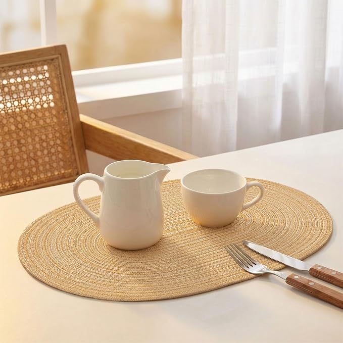 Placemats Set of 6, Woven Oval Braided Dining Table Mats(Beige Brown) | 12 x 17.5 Inch Size Fits Plates and Flatware; Hand Washable and Heat Resistant for Kitchen Use, with Farmhouse and Boho Style