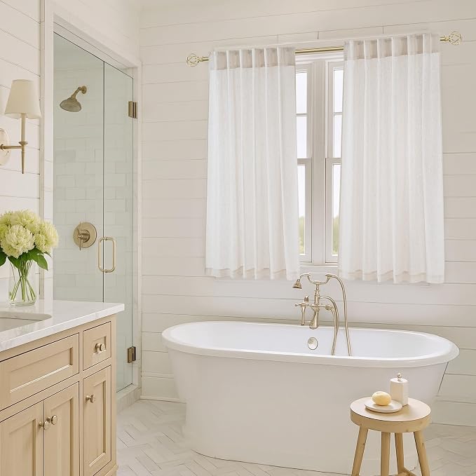 NICETOWN Linen Cream Curtains for Bathroom 45 inches Long, Rod Pocket & Back Tab Semi Sheer Window Treatments Privacy Added with Light Filtering Drapes for Bedroom, W55 x L45, 2 Panels