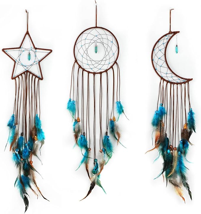 Jetec 3 Pcs Dream Catcher for Girl Star Sun Moon Decor,Dark Blue