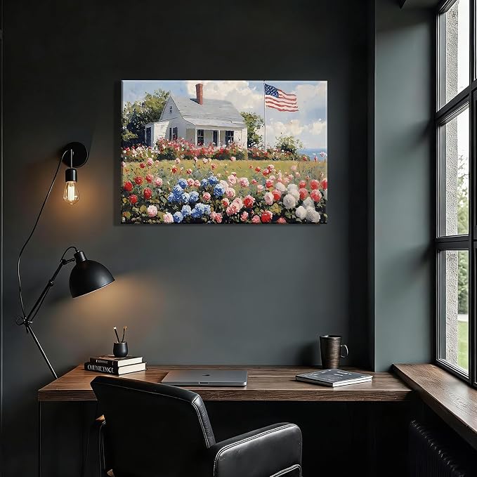 RIBNTAK Patriotic American Flag & Floral Farmhouse Canvas Wall Art, 4th of July Coastal Cottage Pictures, Wildflower Landscape, Independence Day Wall Decor for Living Room, Kitchen, Made USA