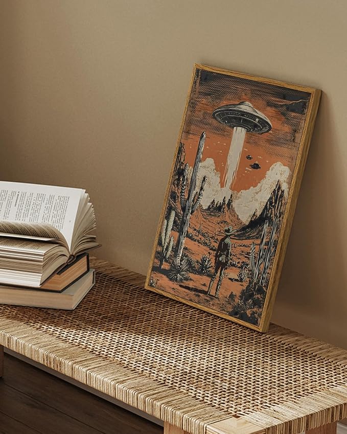 Retro UFO Cowboy Wall Art 12x16 Inch Framed Canvas Print, Vintage Science Fiction Desert Landscape Alien Spaceship Western Scene Cool Artwork, Man Cave Office Game Room Bathroom Decor