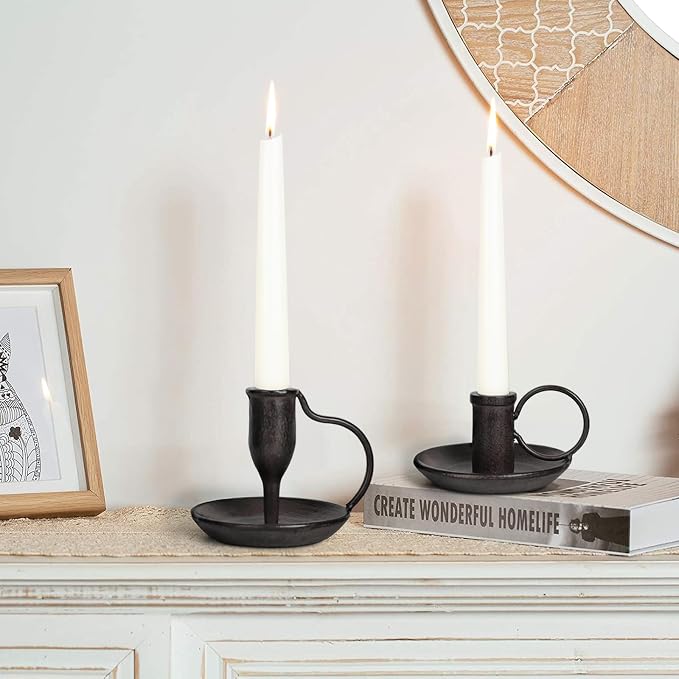 Matte Black Iron Candle Holder with Handle 2 Pcs Taper Candle Sticks Holder