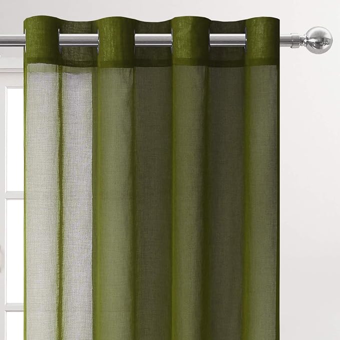 DWCN Olive Green Sheer Curtains for Living Room Bedroom Faux Linen Look Voile Drapes Grommet Top Window Curtain Panel 52 x 54 Inch Length, Set of 2 Panels
