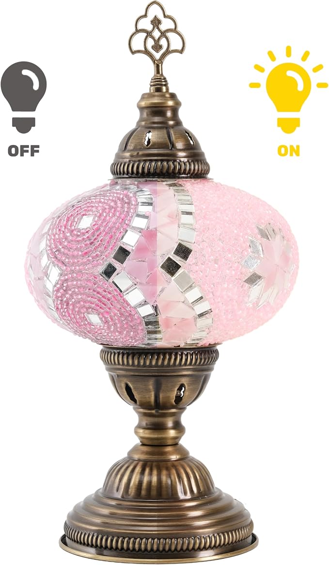 Turkish Mosaic Table Lamp with Bulb – Handmade Pink Stained Glass Light, Vintage Bohemian Decorative Bedside Lamp with US Plug & E12 Socket