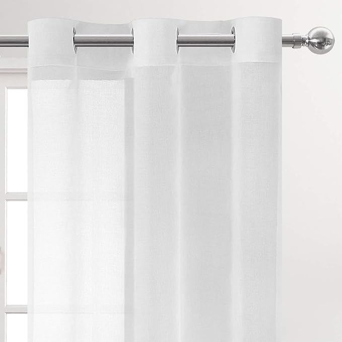 DWCN White Sheer Curtains, Grommet Top Faux Linen Look Voile Semi Transparent Solid Window Sheer Curtains Drapes for Bedroom Living Room, Set of 2 Panels 42 x 45 Inch Long, White