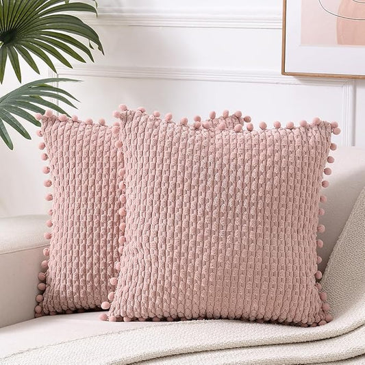 Fancy Homi 2 Packs Pink Decorative Throw Pillow Covers 24x24 Inch for Couch Bed Sofa, Modern Farmhouse Boho Home Decor, Soft Cute Plush Corduroy Cushion Case 60x60 CM