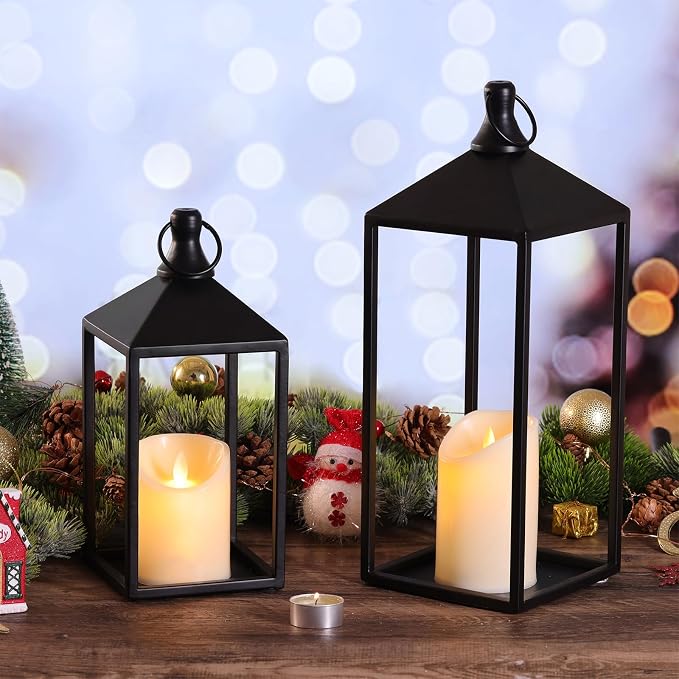 2 Pcs Black Decorative Metal Lanterns Farmhouse Lantern Decor with Candles | 15" 11" Outdoor Candle Lanterns for Covered Patio, Porch, Fireplace Mantel, Table Centerpiece, No Glass Lantern Decor
