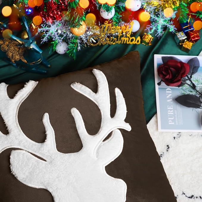 BRAWARM Christmas Pillow Cover 12 X 20 Inches, Coffee Reindeer Embroidered Lumbar Pillow Cover, Soft Velvet Decorative Throw Pillow for Couch Bed Sofa Living Room Home