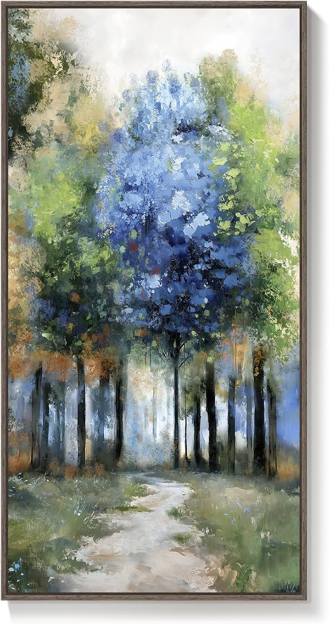 Framed Vertical Forest Path Landscape Wall Art for Living Room, 20x40 Inch | Farmhouse, Nature, Colorful, Large, Forest scenery, Office art, Foyer wall decor, Hallway decor, Ready to hang, Wood frame