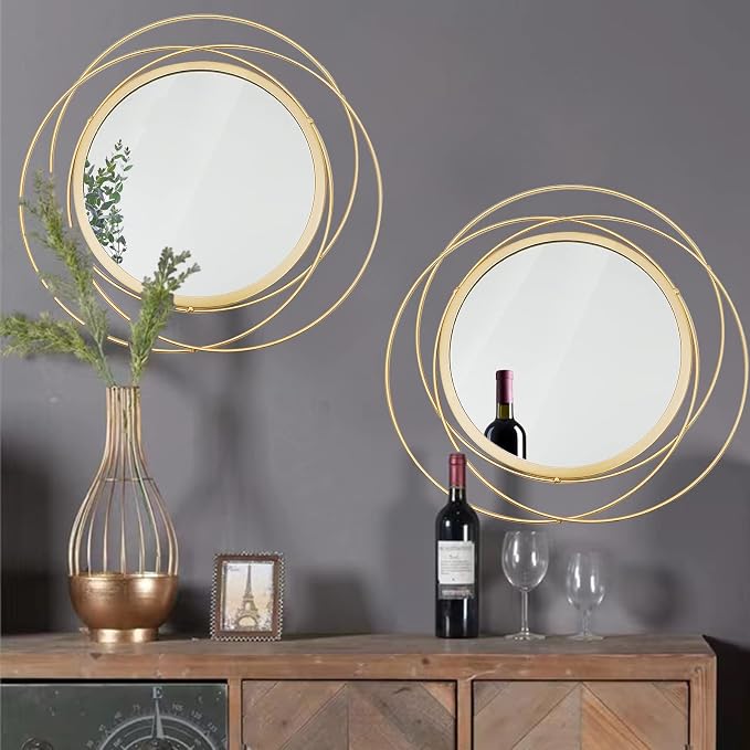 2 Set Circle Mirrors for Wall Decor Living Room Bedroom Entryway | Metal Round Mirror Decorative Hanging Mirrors Sun Bohemian Geometric Accent Sculpture Gold 15.7 in