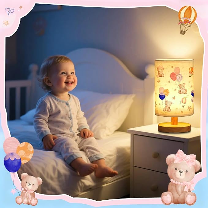 WSYEAR Bear Kids Table Lamp for Bedroom Kids Bedside Lamp with Linen Wooden Nightstand Cartoon Nursery Lampshade for Girls Boys Living Room