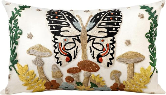 Embroidered Lumbar Pillow Cover - 20x12 Decorative Pillow Cover with Zipper Aesthetic Cute Design Boho Spring Summer Throw Pillowcase for Living Room Couch Sofa Bed, Butterfly Moon