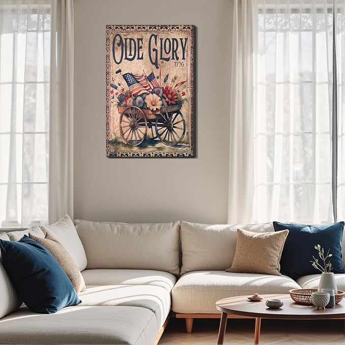 Framed Olde Glory 1776 American Flag Wall Art, Patriotic Vintage Canvas Art Pictures, USA Flag Flower Wall Decor, Made in USA Ready to Hang for Living Room Entryway