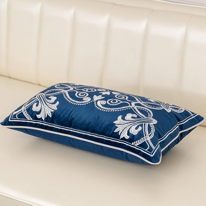 Aeckself European Floral Pillow Cover 12x20 Inch, Luxury Velvet Embroidered Decorative Lumbar Throw Pillow Cover for Couch Bedroom Living Room, Navy Blue and White