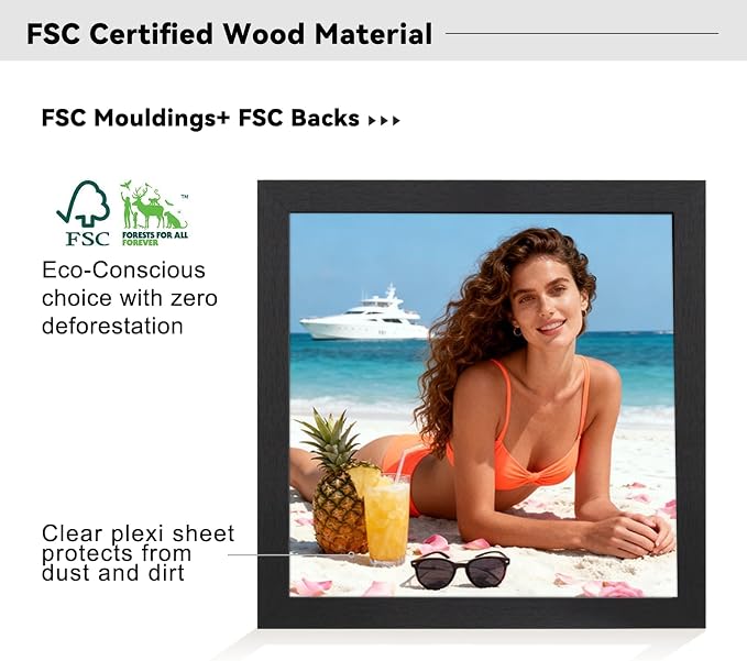16x16 Picture Frame-Black, 12x12 Mat,Engineered Wood,Polished Plexiglass