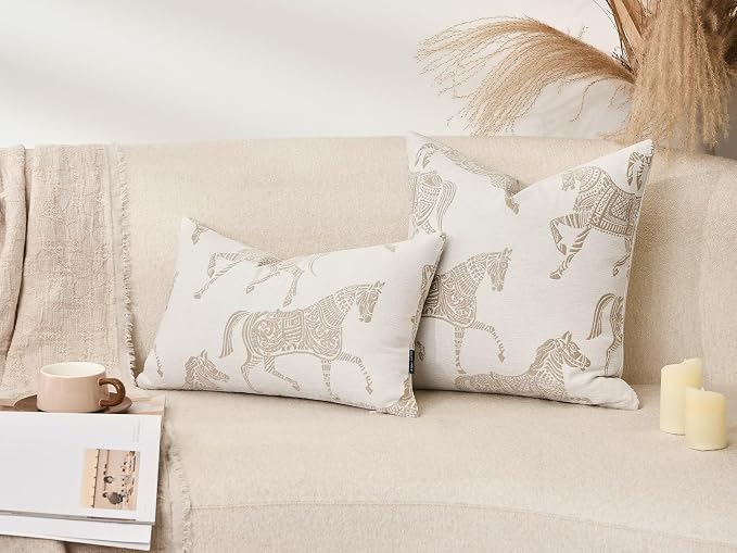 Throw Pillow Cover 20x20 inches, Double Sided Beige Horse Pattern Chenille Jacquard Pillow Covers, Modern Style Horse Pillows Decorative Throw Pillows Cushion Cover for Bed Couch