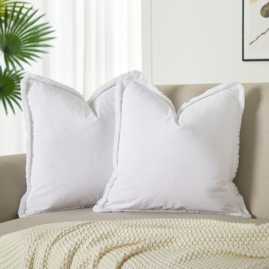 JUSPURBET White Velvet Throw Pillow Covers 24x24 Inch Set of 2 with Soft Tassel Fringe Luxury Boho Pillowcase for Sofa Couch Bed Home Decor Machine Washable