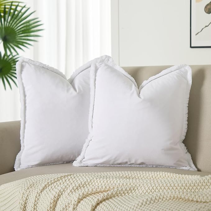 JUSPURBET White Decorative Velvet Fringe Throw Pillow Covers 26x26 Set of 2 Boho Soft Cushion Case for Home Decor Living Room Couch Sofa Bed