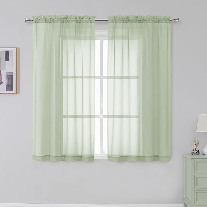 Simplebrand Rod Pocket Top Solid Voile Sheer Curtains for Bedroom, 54 Inch Length Drapes Set of 2, Lightweight and Light Filtering Elegant Curtains Panels Window Treatment, 42W×54L, Light Green
